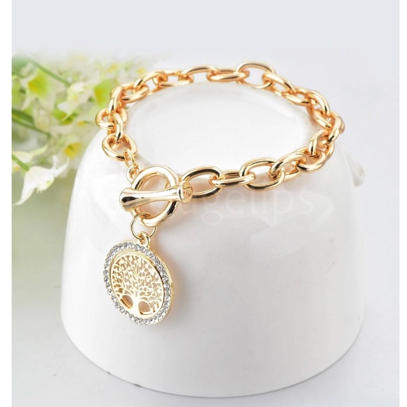 Tree Charm Rhinestone Gold Tone Chain Dangle Bracelet - Picture 3 of 6